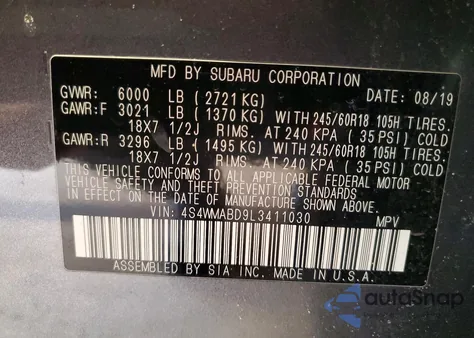 2020 Subaru Ascent Premium z USA, uszkodzony, nr VIN 4S4WMABD9L3411030